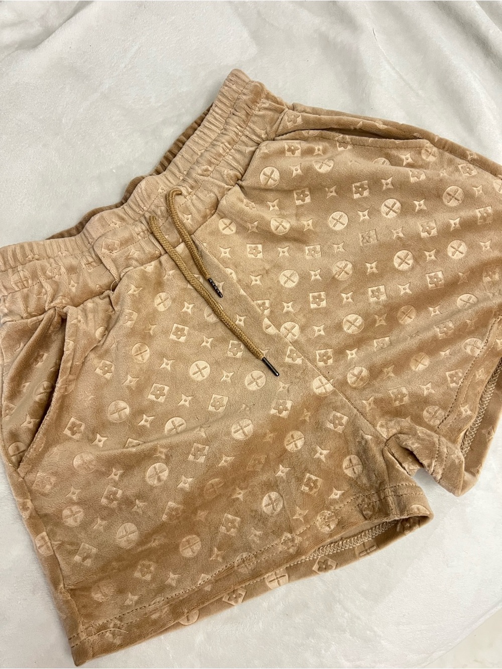 Monogram Velour Drawstring Shorts - Tan